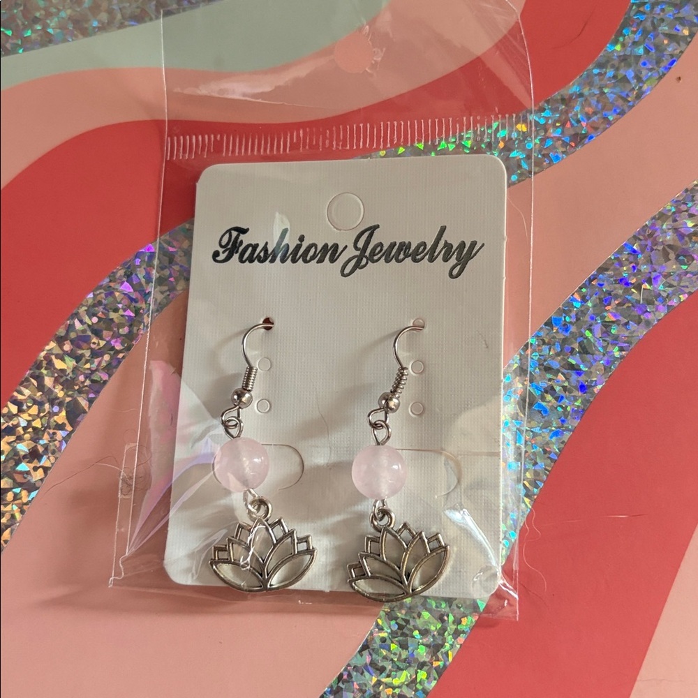 Silver Lotus Earrings with Pink Beads